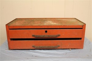Two drawer metal tool box, 26.5 X 12.5 X 9"H