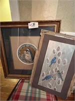 2 PRETTY PAINTINGS ONE IN FRAME - BLUE BIRDS