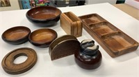 Lot - Wooden Bowls, Napkin Holder, Condiment Tray