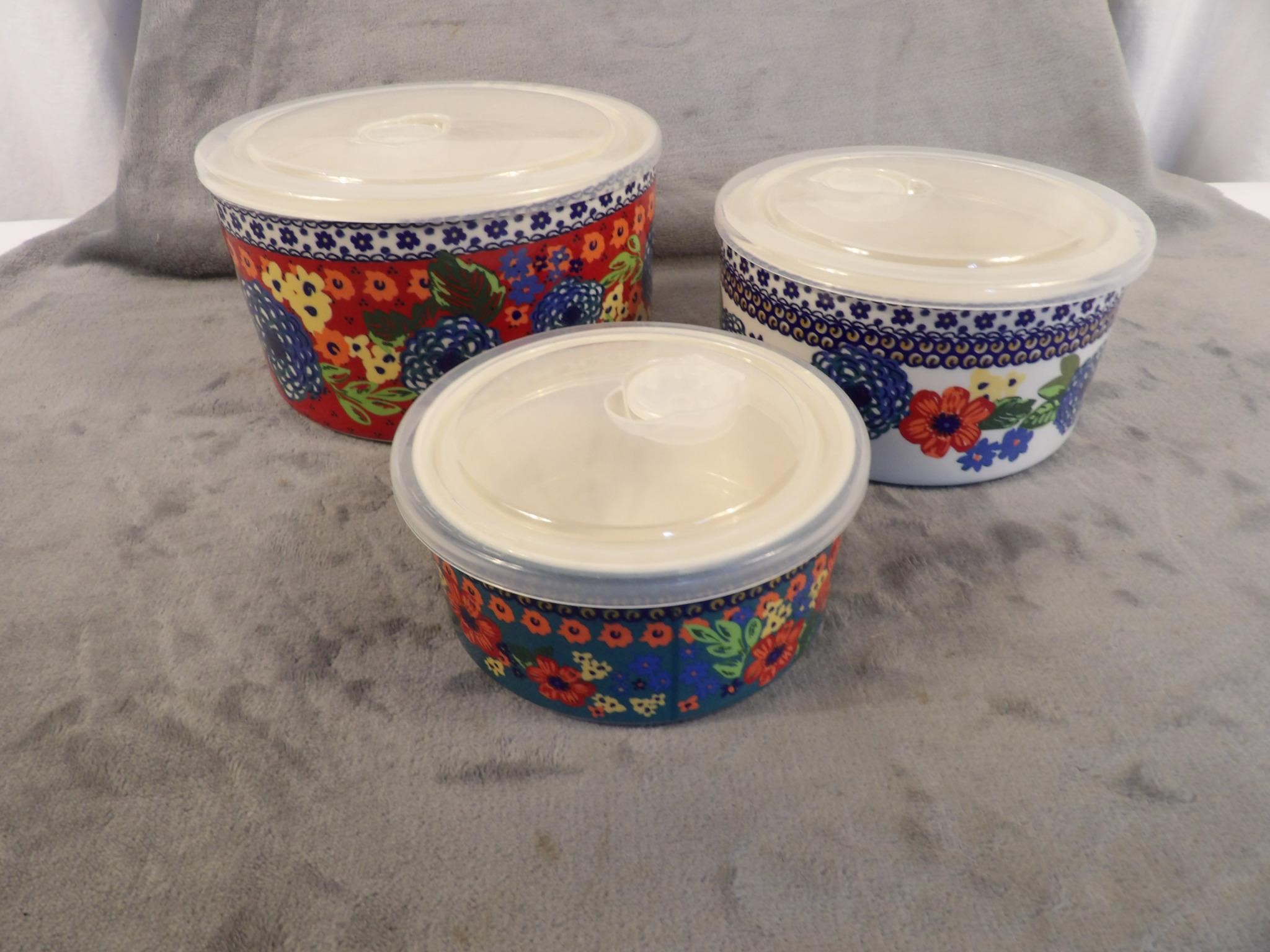 Lot of Three Pioneer Woman Storage Bowls with Lids