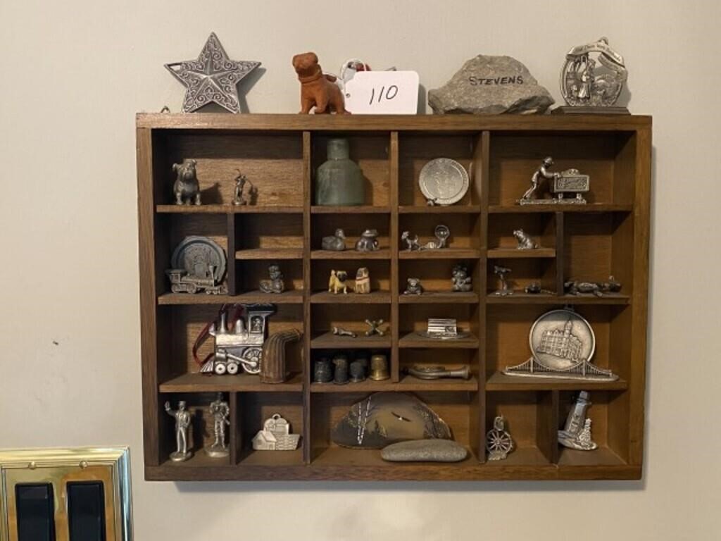 Hanging Shelf with Miniature Pewter Figures, Etc.