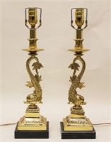 Pair Brass Roman Dolphin Candle Stick Lamps