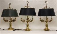 (3) Polished Brass Desk Lamps w Swans Tole Shades