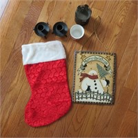 Christmas Candle Holders, Sign, and Stocking