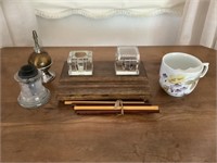 Antique inkwells, wax, lighter and mustache cup