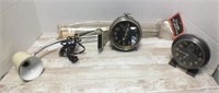 VINTAGE CLIP LIGHT, ALARM CLOCKS & CLOSET ROD