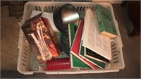 Assorted vintage cookbooks and glassware