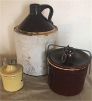 Crock jug and 2 smaller lidded crocks