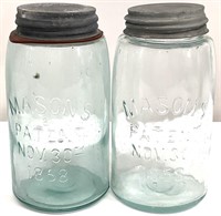 2 Mason's Antique Aqua Glass Jars