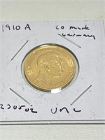 1910 A Gold Germany 20 Mark .2305oz AGW UNC