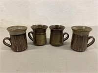 4 Signed Stoneware Mugs 4.5" Tall