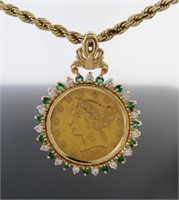 1892 $5, Emerald, Diamond Pendant