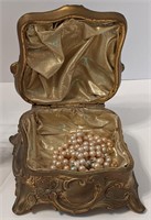 Antique Metal Jewelry Box w/ Pearl Necklace