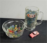 Vintage A&W mug and bowl with marbles and small