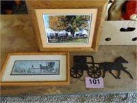 2 AMISH THEMED PICTURES, 1 METAL SIGN