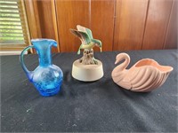 Blue crackle glass 5" pitcher, pink ceramic swan,