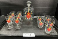 Hand Painted Danish Style Glass Decanter Bar Set.