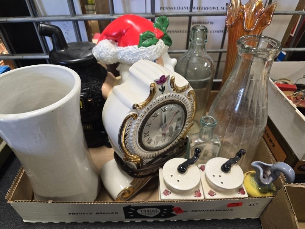Tray Of Vases, Clock And Bottles