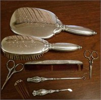 Silver plate or sterling brush, mirror, shoe hook