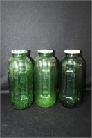 3 GREEN GLASS REFRIGERATOR WATER/JUICE BOTTLES