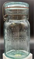Antique Aqua White Lightening Wire Top Fruit Jar