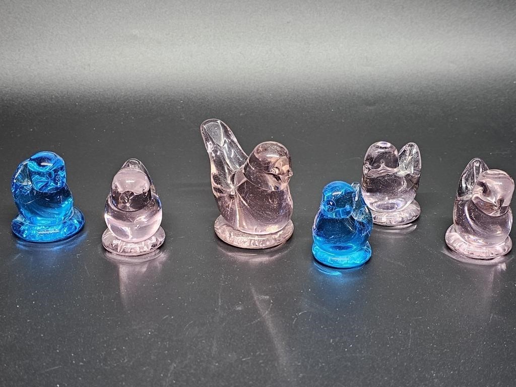 (6) Pink & Blue Handmade Art Glass Bird Figurines