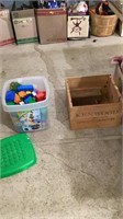 Lego blocks, wood crate