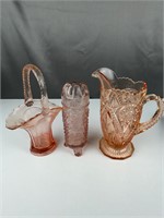 Pink Marigold depression glass vase pitcher basket