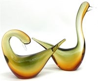 Pair Murano Amber Blown Glass Swans