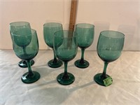 6 Green glass goblets
