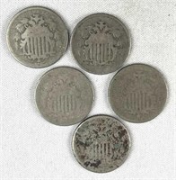 (5) 1800s US Shield Nickels, Some Partial Date