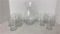 Etched Glass Pitcher & (8) Tumblers
