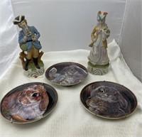 3 Decorative Plates & 2 Ceramic Statues 12"H