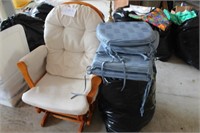 CHAIR, SEAT CUSHIONS, BAG OF BLANKETS
