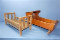 Wooden Doll Cradle 20"x 10"H & Bed 18"x 8"H