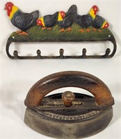Cast Iron Rooster Kitchen Hanger and Sad Iron