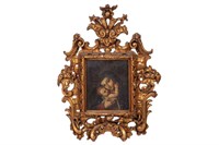 ANTIQUE CARVED GILT FRAMED ICON PAINTING ON TIN
