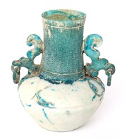 Early Islamic Turquoise Glass Vase w/handles, Iran