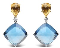 18k Gold 57.28ct Blue Topaz & Citrine Earrings