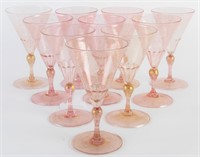 Set of Ten Murano Rose Wine Glasses