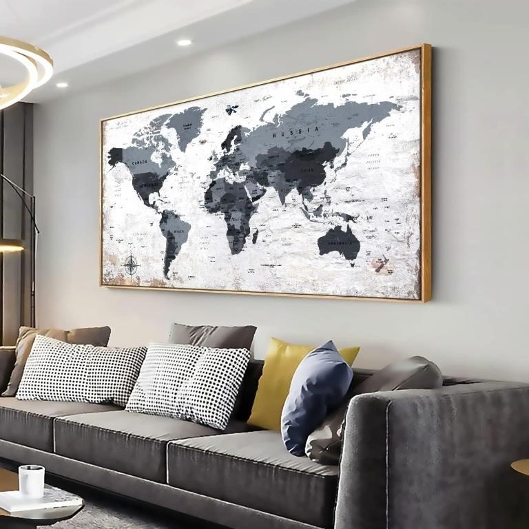 ZEYDRT Framed Black&White WorldMap Canvas, 24"x48"