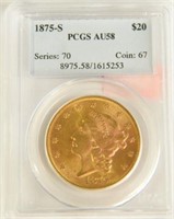 1875-S $20 gold coin PCGS graded AU58