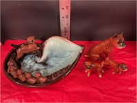 Cat ashtray and three dog figures