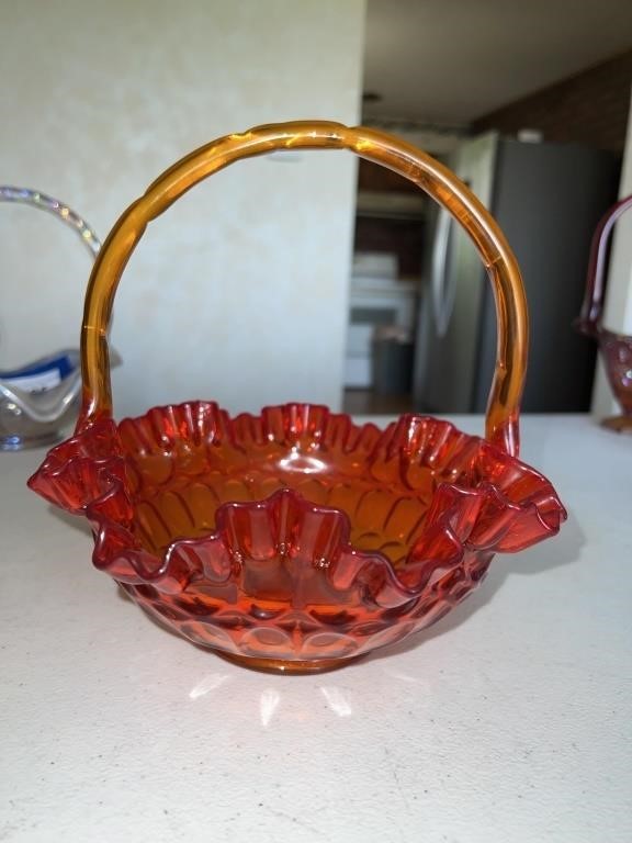 Amberina glass thumbprint ruffle basket