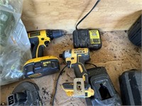 TWO DEWALT DRILLS, BATTERY AND TWO CHARGERS