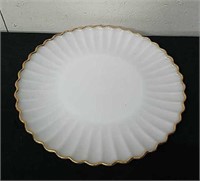Vintage 14.5 inch milk glass plate with gold trim