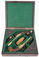 CASED (2) BRASS CALVERTS ENGLISH FLINTLOCK PISTOLS