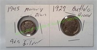 1945 Mercury Dime and 1927 Buffalo Nickel