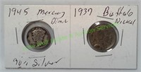 1945 Mercury Dime and 1937 Buffalo Nickel