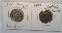 1945 Mercury Dime and 1937 Buffalo Nickel